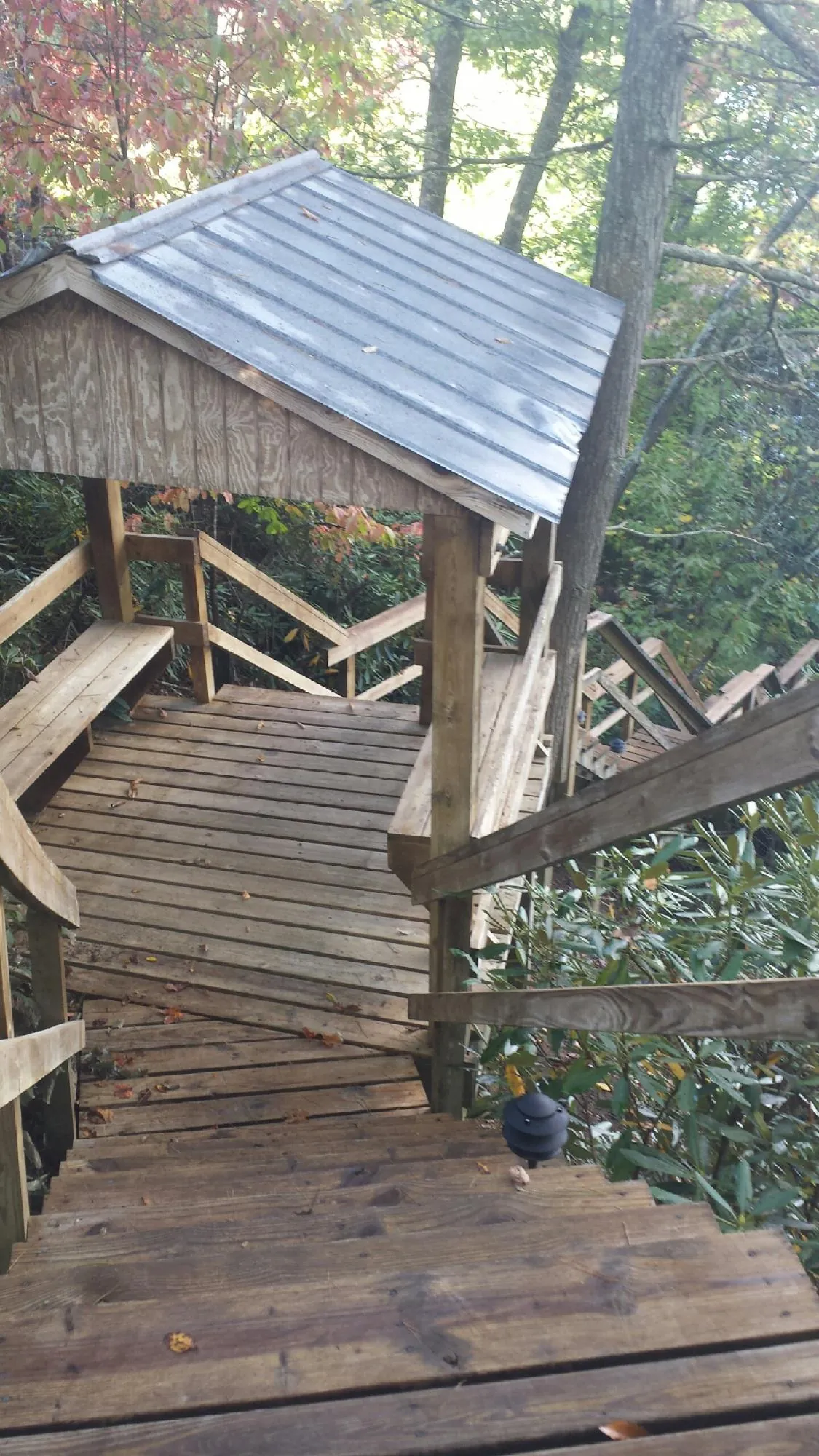 Metal roofed shelter over wooden steps on a wooded walkway — Skylight Repair & Installation work by our crew in Molt